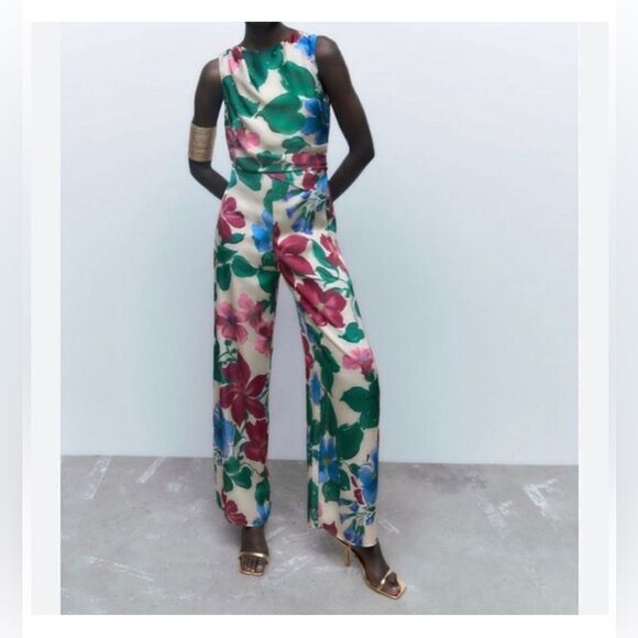 Zara Pants - ZARA FLORAL WIDE-LEGS JUMPSUIT WOMEN’S S SMALL ROMPER summer fall NWT